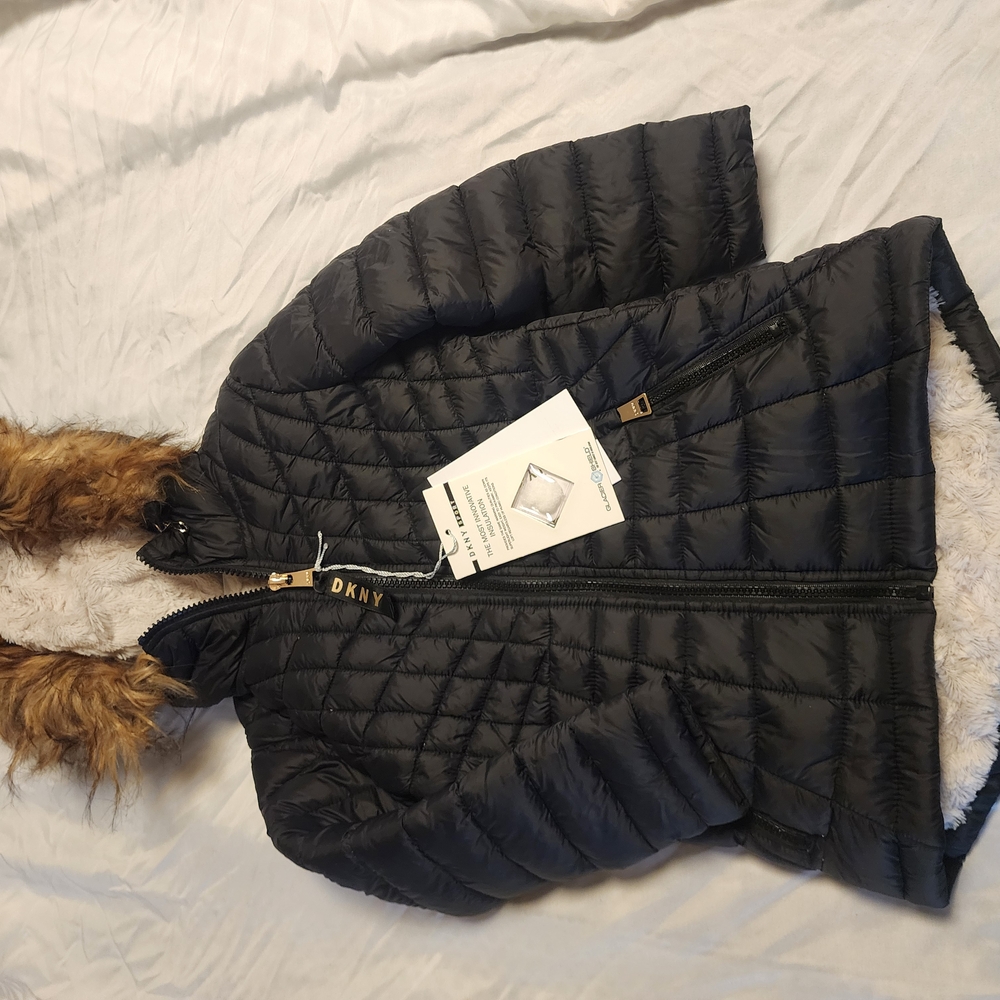 DKNY Black Puffer Jacket with Faux Fur Hood